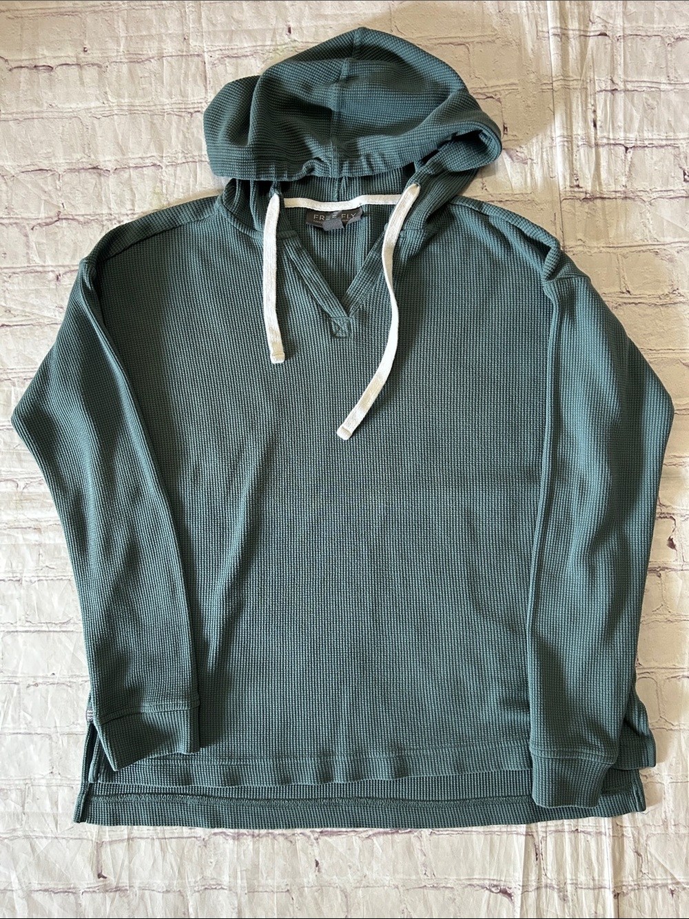 Free Fly Women’s Bamboo Waffle Knit Hoodie Teal Blue Size Large Outdoor